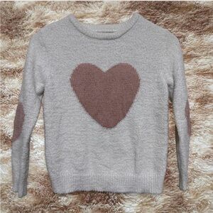 Girls' Cream Crewneck Sweater with Brown Heart Motif